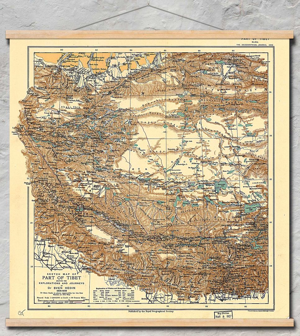 Скицирана карта на част от Тибет на д-р Свен Хедин, 1906-1908 г.